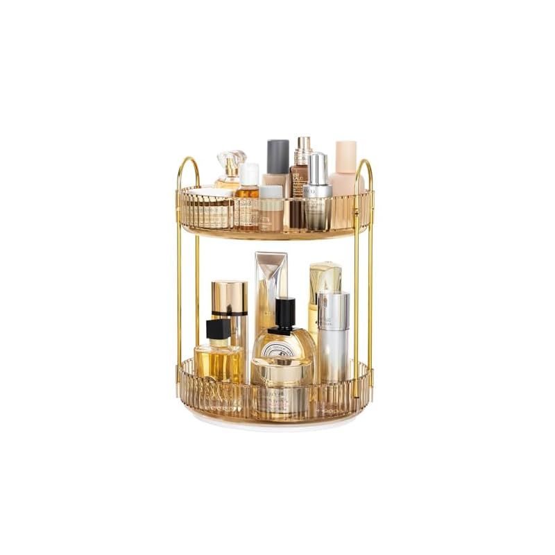 コスメ収納 360回転式 化粧品収納ボックス 小物入れ 大容量化粧台 洗面所収納ボックス 整理簡単 多機能 化粧品 収納 （2層 ゴールド） 1