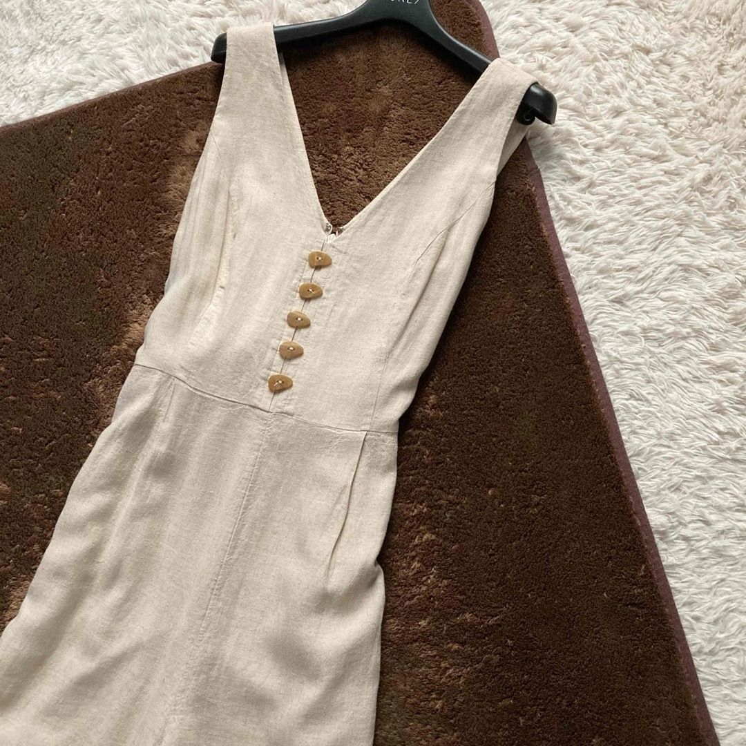 Anthropologie アンソロポロジー Maeveオールインワン サロペット ノースリーブ フルレングス フロントボタン ウエストりぼん リネン混 ベージュ エクリュ US6