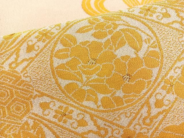 【作り帯】☀︎夏物☀︎袋帯 二重太鼓 舞扇花文 銀糸 生成 二部式帯 F040 作り帯】☀︎夏物☀︎袋帯 二重太鼓 舞扇花文 銀糸 生成 二部