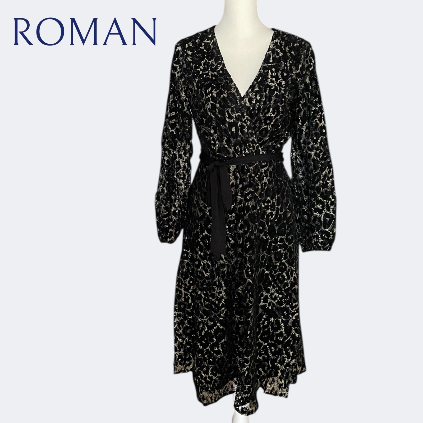 ROMANローマン 秋冬上品ベルベット総レースレオパード柄カシュクールフ ワンピース ML L