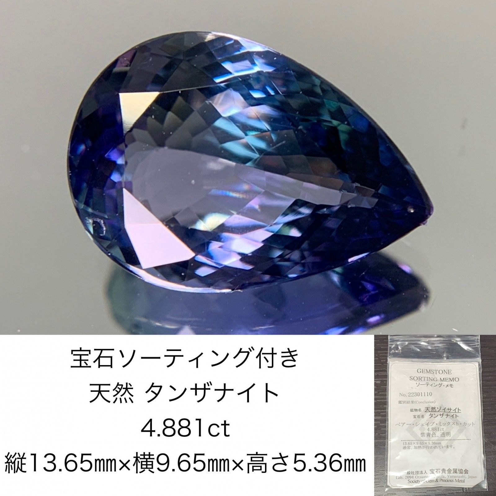 宝石ソーティング付き 天然 タンザナイト 4.881ct 縦13.65㎜×横9.65㎜×高さ5.36㎜ ルース 裸石 1562Y