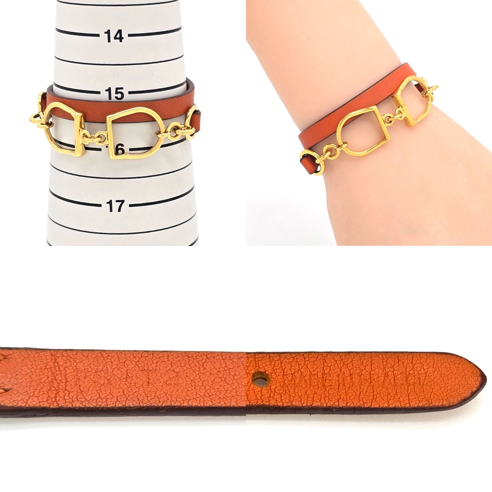 HERMESレザーブレスレット オレンジ 中古】 エルメス HERMES ブレスレット レザー オレンジ シルバー