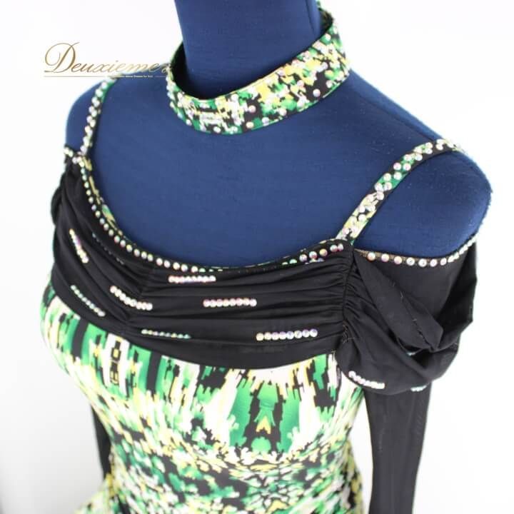 社交ダンス 衣装 スタンダード ドレス ワンピース レッスンウェア レディース オールシーズン 緑 黄緑 白 黒 GRANT ブラック系 ホワイト系 グリーン系 ラインストーン ダンスウェア おしゃれ かわいい ショートスリーブ 総丈118cm 大きく広がる