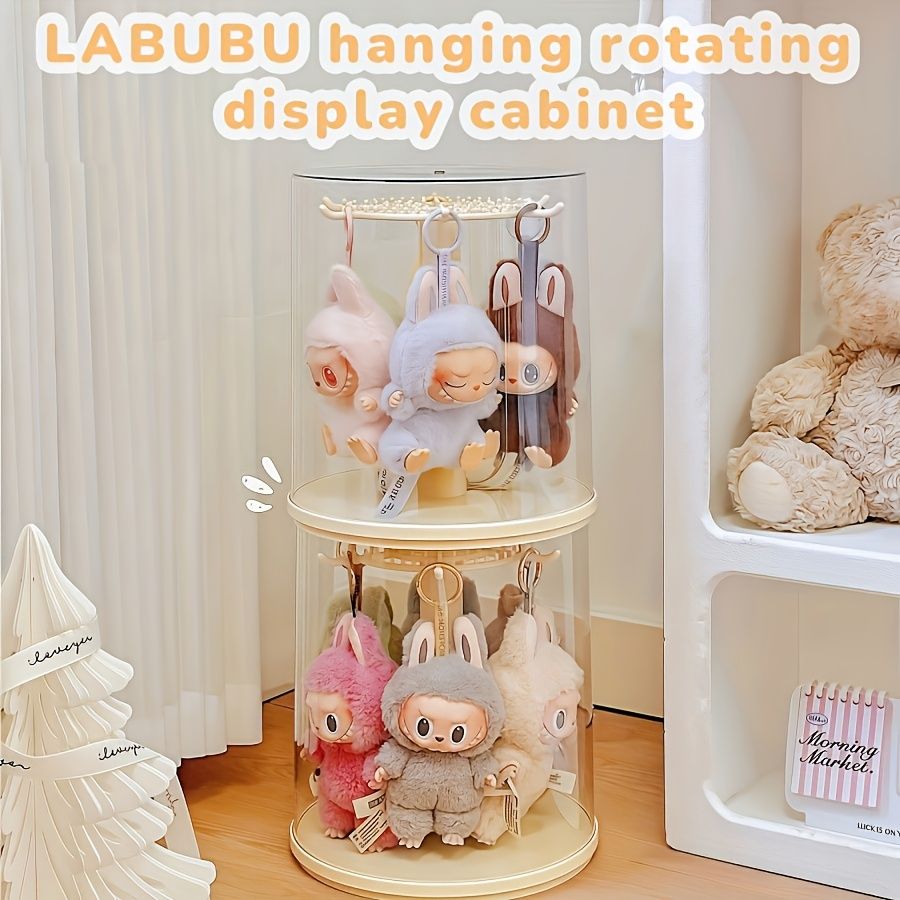 LABUBU 360回転アクリルディスプレイケース - 吊り下げフック付き防塵収納ラック、3段階デザイン、ぬいぐるみや装飾像のための完璧なバレンタインデーのギフト、PVC素材、コレクタブル用ディスプレイケース
