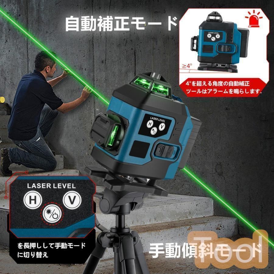 レーザー墨出し器水平器4x360°グリーンレーザー16ライン高輝度25メートル作業範囲レーザーレベル自動補正360°回転台屋内屋外兼用IP65防塵防水
