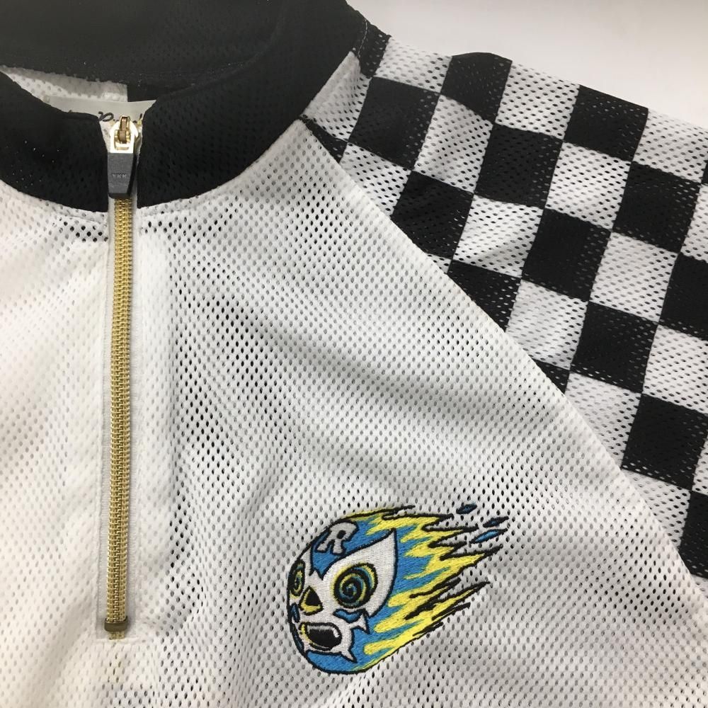 【美品】ラッセルノ 半袖ハイネックシャツ 白×黒 メッシュ 袖ブロックチェック ルチャマスク メンズ 5(L) ゴルフウェア RUSSELUNO 美品】ラッセルノ 半袖ハイネックシャツ 白×黒 メッシュ 袖
