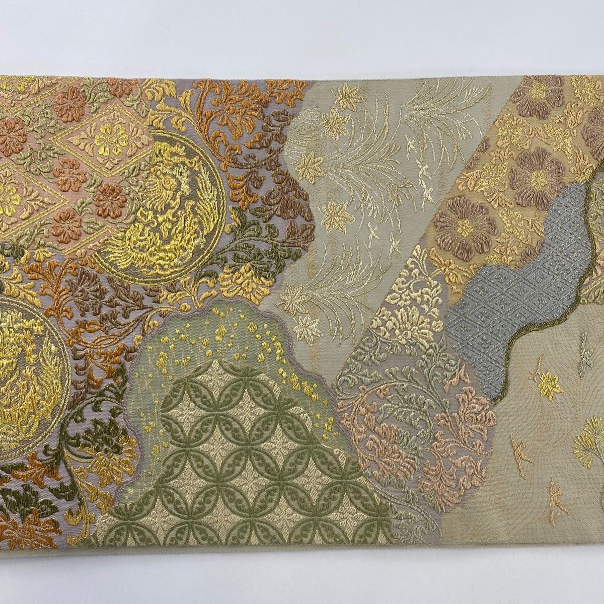 袋帯 美品 秀品 道長取 鳳凰 金糸 刺繍 灰緑 六通 正絹 【中古