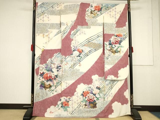 平和屋着物○色留訪問着 流水文箱草花文 暈し染め