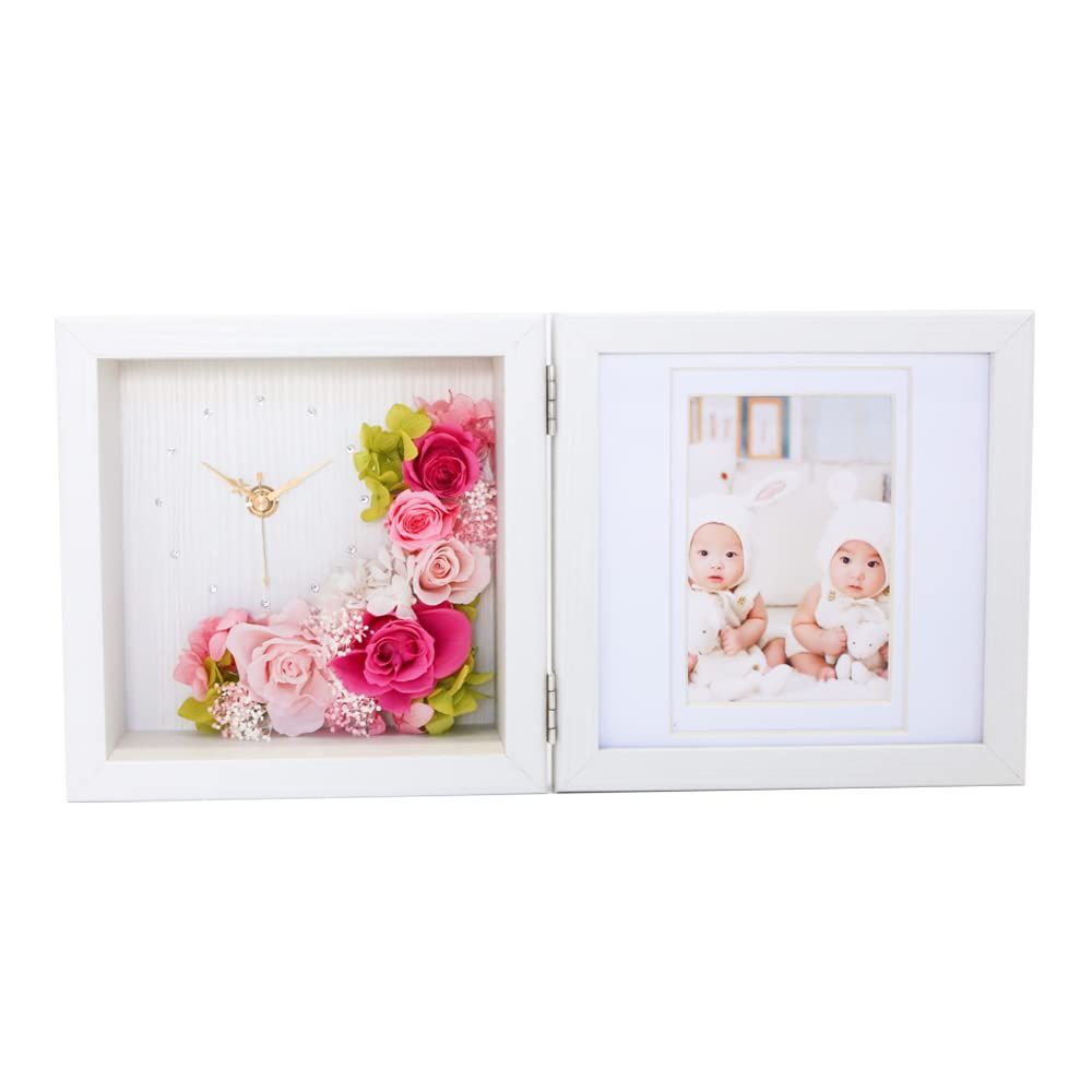 プリザーブドフラワーフォトクロック Arvo オリジナルギフト工房 HappySmile ナチュラル×ピンク