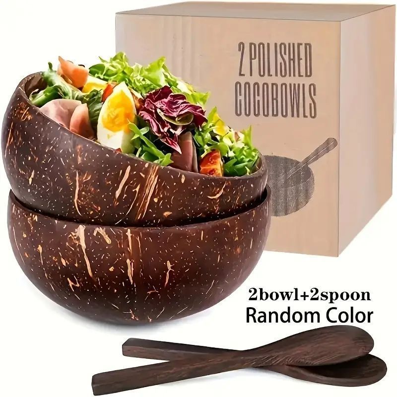 天然ココナッツボウル＆木製スプーンセット - 環境に優しいビーガン食器、サラダ・スムージー・麺類対応、自然美と耐熱性のキッチンアイテム