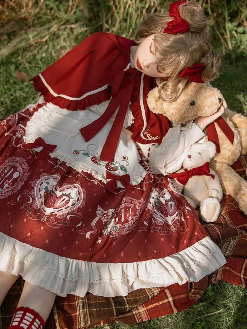 ロリータワンピース♪いちご柄ひざ丈ワンピ-ケープセット