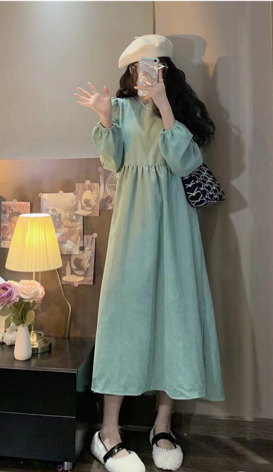 ミントグリーンコーデュロイ長袖ワンピース - メルカリ