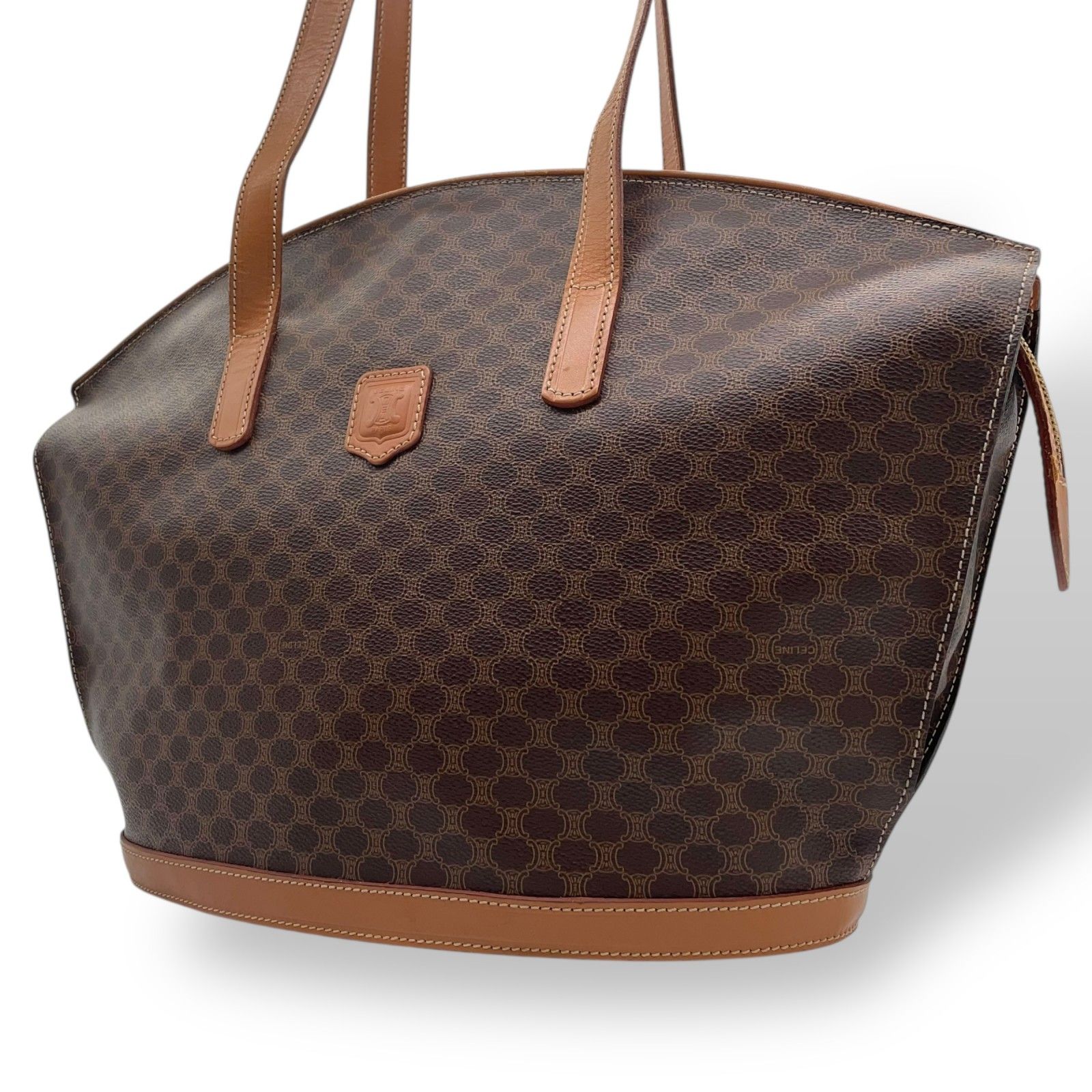 CELINE セリーヌ マカダム ハンドバッグ トートバッグ PVC レザー 茶 ブラウン ゴールド金具 ワンショルダー 肩掛け可 ヴィンテージ セリーヌ レディース B1