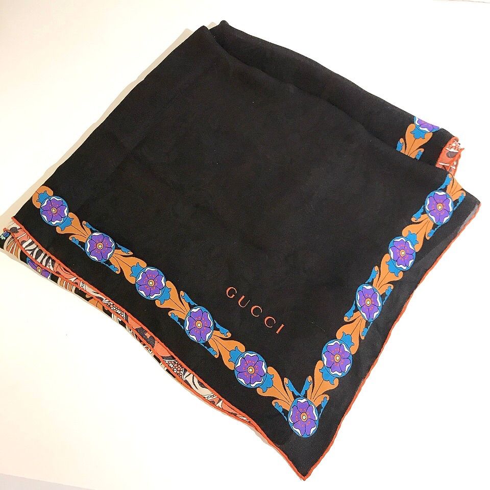 GUCCI グッチ 大判 スカーフ ストール 花柄 オレンジ×黒 シフォン系 