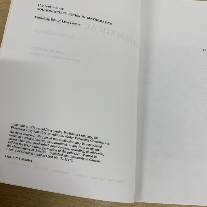 ●01)【同梱不可】数学的分析/Mathematical Analysis/Tom M. Apostol/Addison Wesley/洋書/第2版/A Mathematical Analysis. Second Edition: Apostol, Tom M