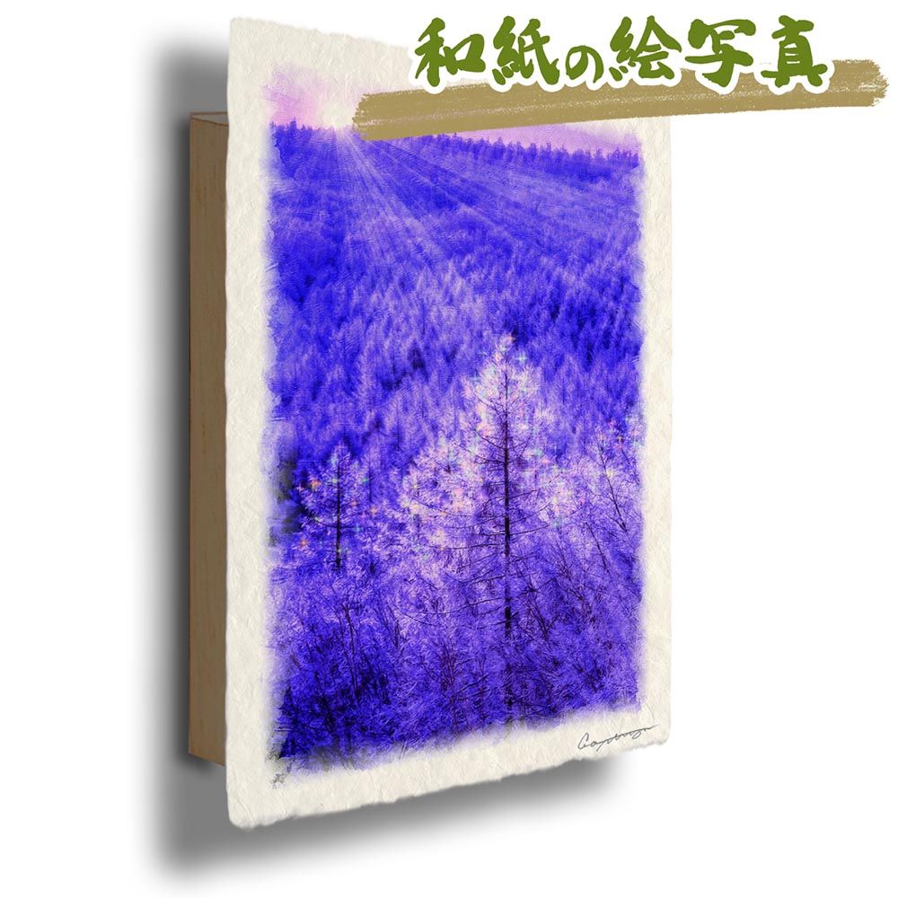 和紙の絵写真 「朝日に輝くカラマツの樹氷」 パネル付き 48x33cm 絵画