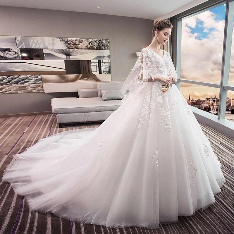 ウェディングドレス 花嫁ドレス 二次会ドレス ウエディングドレス 結婚式 ロング丈 ロングドレス プリンセスラインドレス ベルスリーブ トレーン 海外挙式 披露