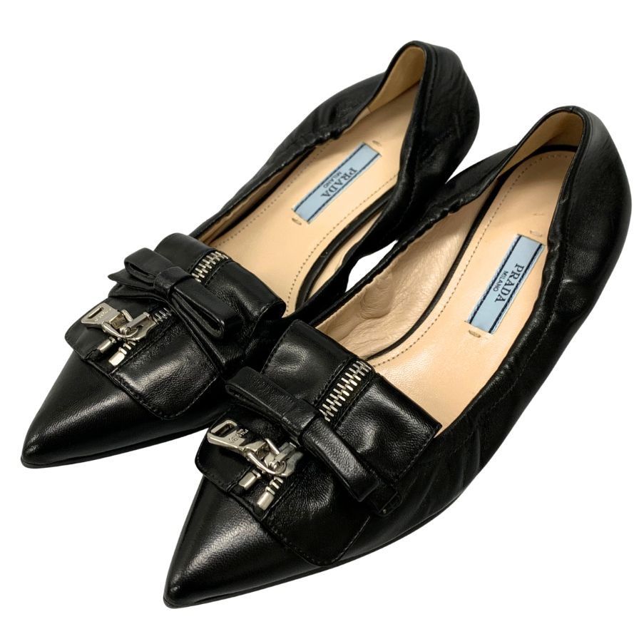 プラダ バレエシューズ フラットシューズ リボン＆チャックあしらい