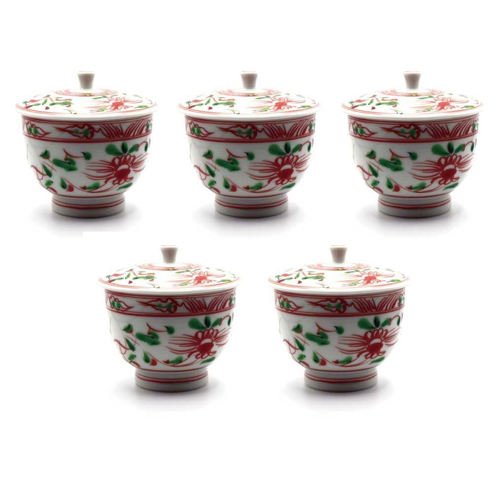 蓋付汲出揃 湯呑み 赤絵 5客セット 径7 8 cm高さ6 5 cm
