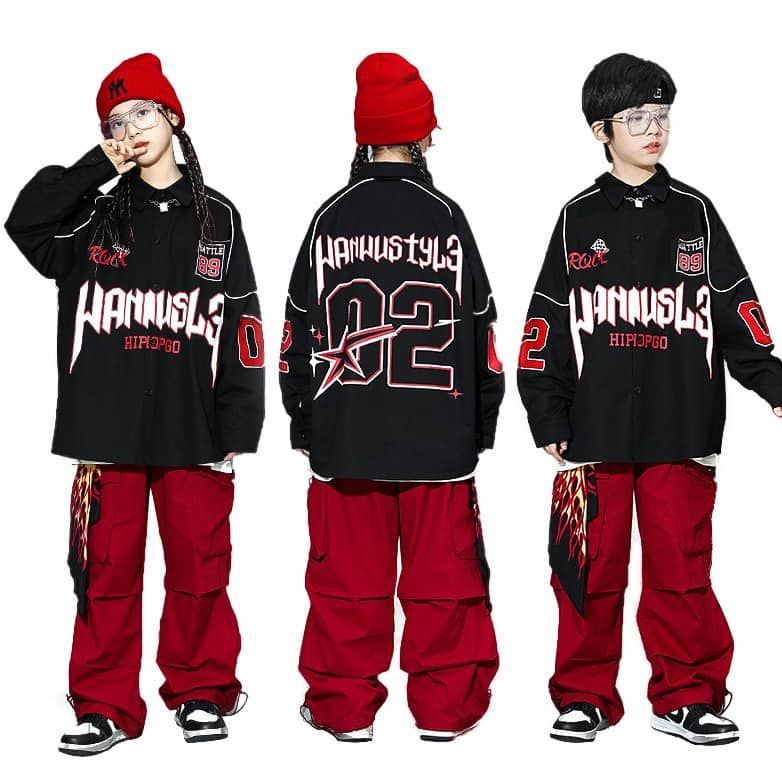 子供ダンス 衣装 ヒップホップ キッズ セット 男の子 女の子 キッズダンス衣装 2点セット トップス 黒 カーゴパンツ 赤 ダンス 衣装 ストリ