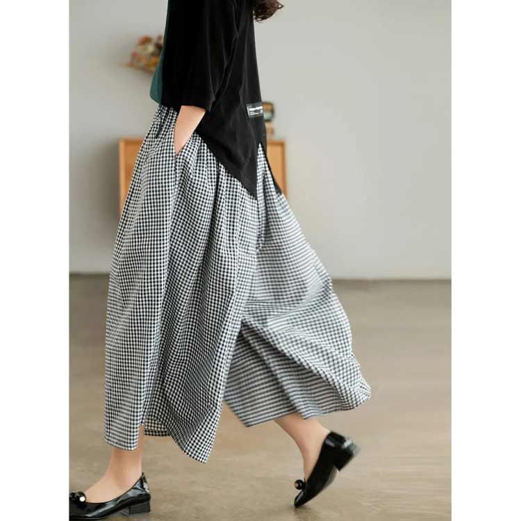 ガウチョパンツ ワイドパンツ 8分丈 チェック柄 フレアパンツ