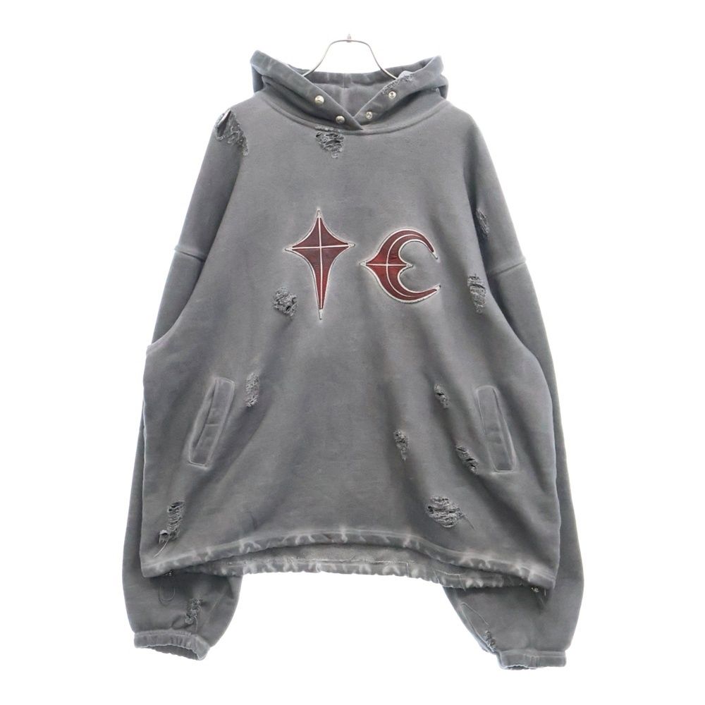 THUG CLUB サグクラブ 23AW ROCK HOODED SWEATSHIRT ヴィンテージ加工 レザーワッペンロゴ ロック フーデッド スウェットパーカー グレー TC23TS0101