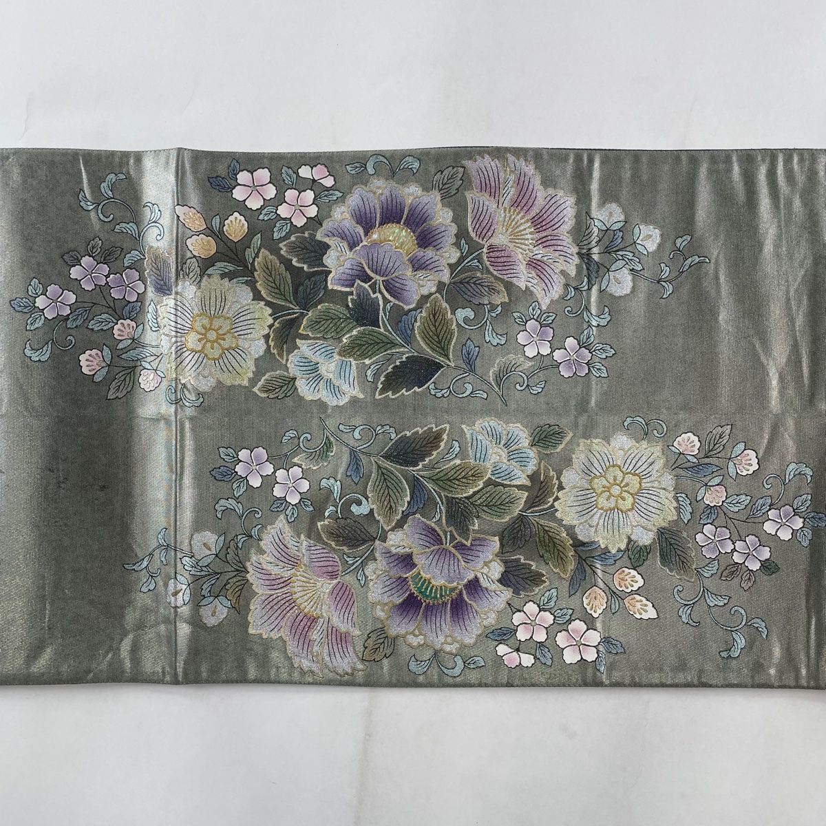 袋帯 美品 名品 葉柄 唐草 金銀彩 銀糸 灰紫 お太鼓柄 正絹 【中古】 袋帯