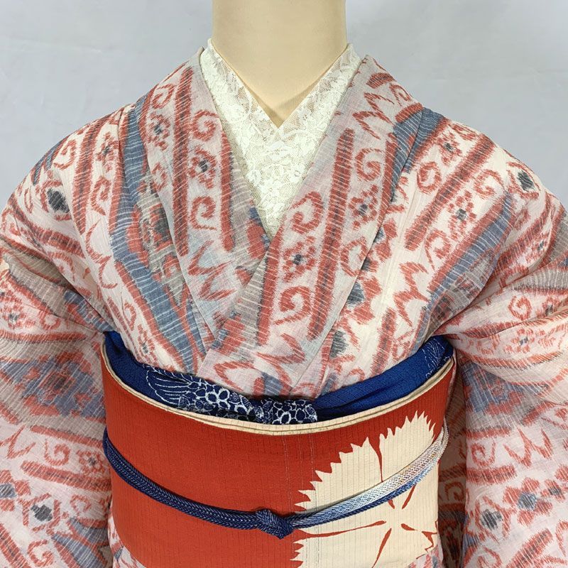 505aa7◇アンティーク着物 シボ 赤系 単衣 夏着物 大正ロマン