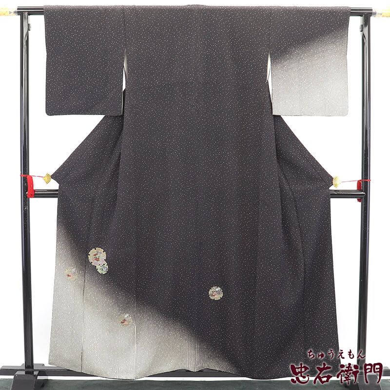 訪問着 袷 レディース 正絹 黒 白ベージュ 雪輪 刺繍 モダン 身丈161cm 裄丈65.5cm パーティ 会食 Mサイズ相当