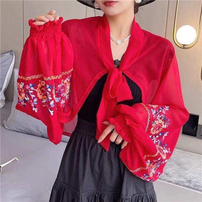 カーディガン ボレロ レディース シアーシャツ ブラウス バルーン袖 体型カバー 日焼け止め服 UVカット 純色 ルーズ 春 夏 秋 薄手 Amazon | GUVACEE シャツ ブラウス レディース 長袖 UVカット