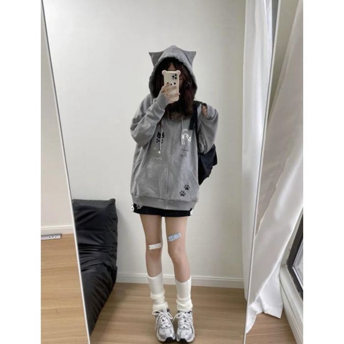 猫耳パーカーレディース パーカー アウター 猫耳 フード付き 長袖 トップス 薄手 トレーナー スウェット ジップパーカー サブカル系 地雷系 カジュアル 原宿風 ストリート系 おしゃれ 可愛い プリント 学生 xiaokb182