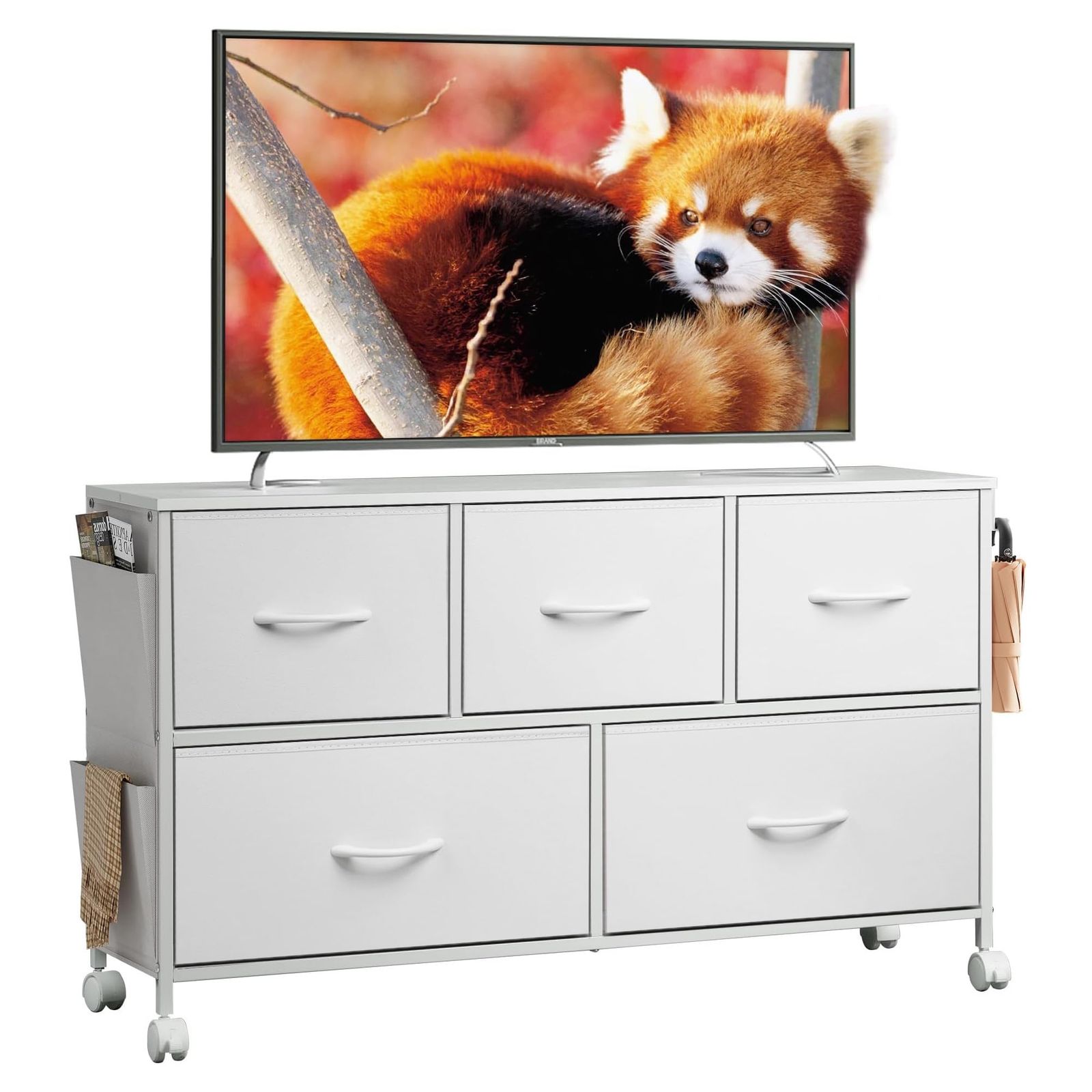 大容量 洋服タンス 引き出し 布製 収納チェスト 衣類収納 おしゃれ リビング収納 北欧 ローチェスト 箪笥 シンプル 2段5杯 サイドポケット付き ホワイト キャスター付き タンス ASNG607 チェスト WLIVE