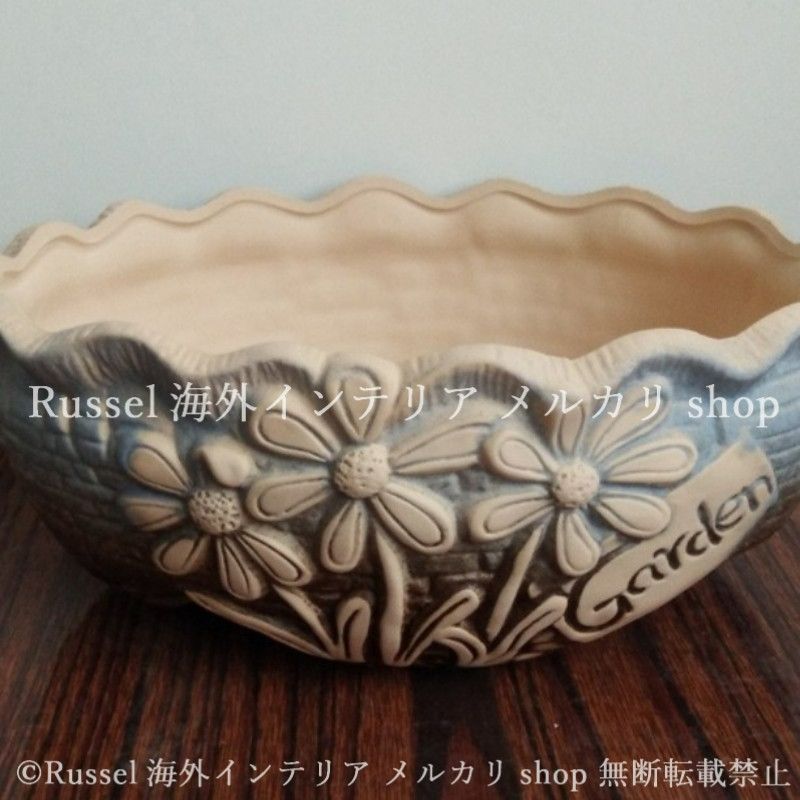 プランター レトロ調 フラワー 手描き風 陶器 鉢植え 植木鉢