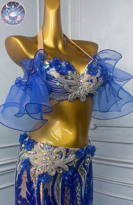 新品 未使用 新作 ベリーダンス衣装 ブラベルトスカートセット ブルー