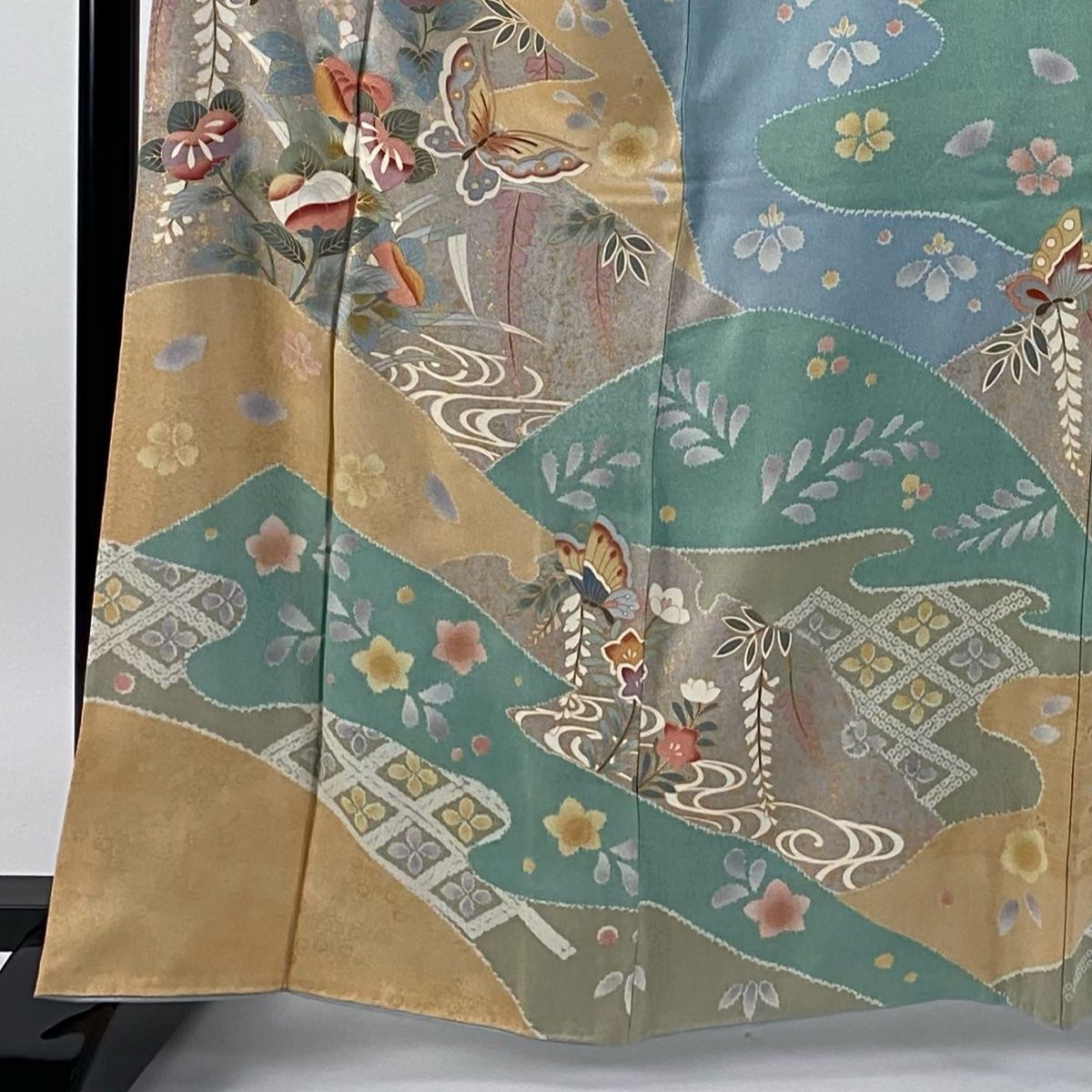 訪問着 身丈164cm 裄丈65cm M 袷 蝶 橘 金彩 薄緑 正絹