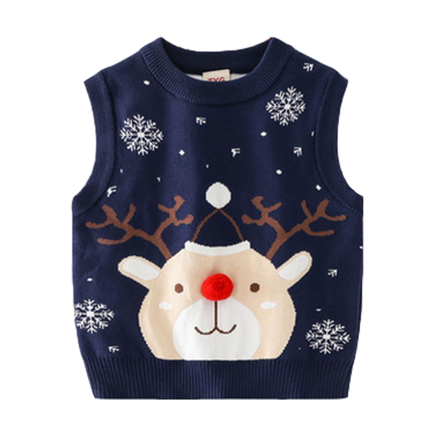 [LSMUDKINGDOM] ベスト キッズ 男の子 ニット トナカイ 雪柄 丸首 ポンポン かわいい クリスマス衣装 子供 紺色 ネイビー 140