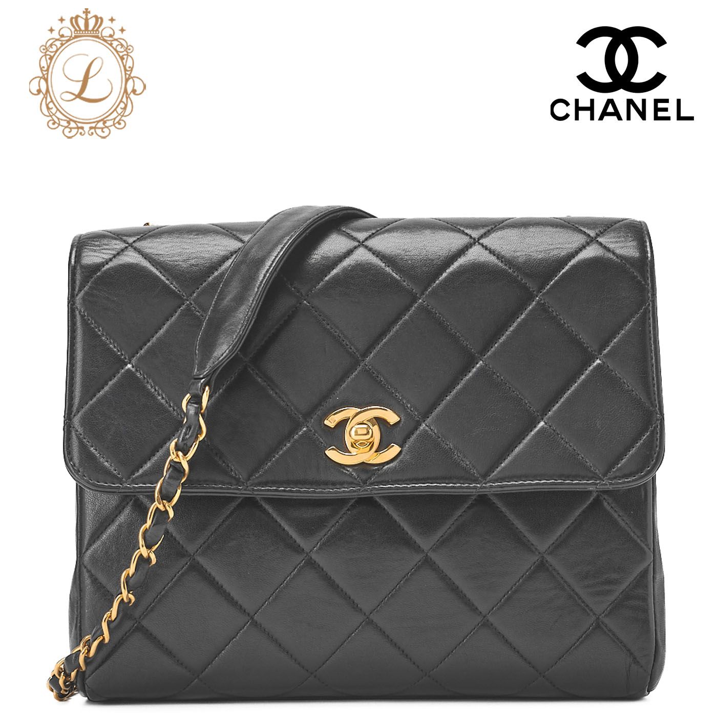 CHANEL シャネル チェーンショルダーバッグ マトラッセ ターンロック スクエア型 ラムスキン 黒 ゴールド金具 レディース バッグ レディース 送料無料
