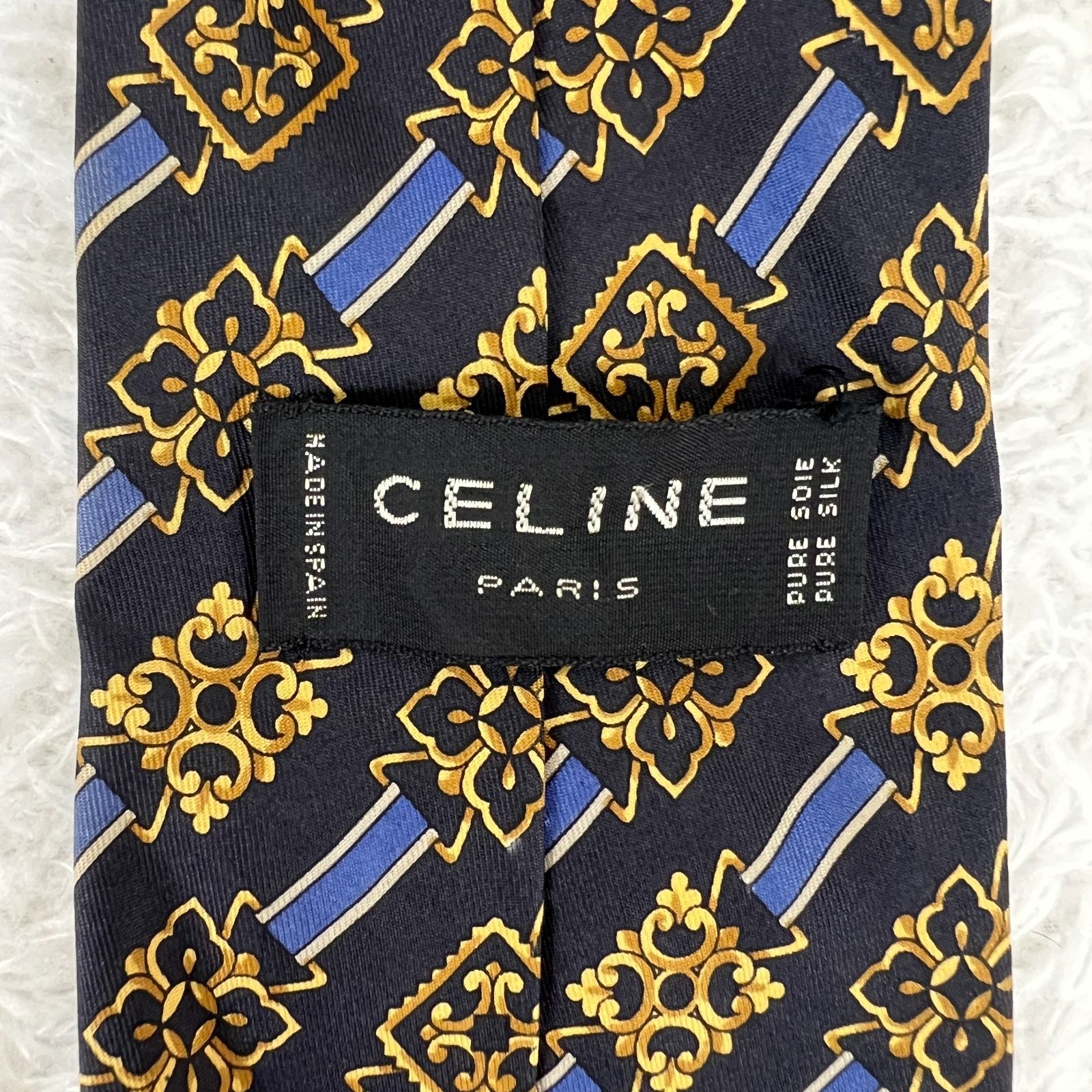 美品》CELINE (セリーヌ) シルクネクタイ 総柄 花 ネイビー