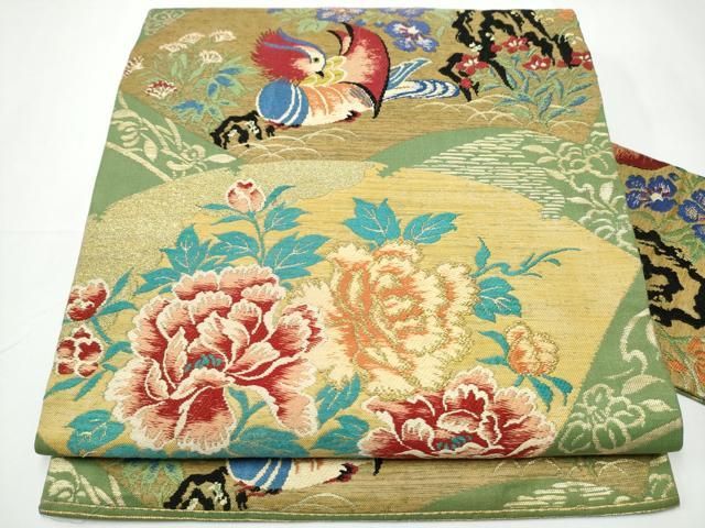 平和屋着物●アンティーク 大正ロマン 九寸名古屋帯 鴛鴦花文 金糸 正絹 CAAY2440hy