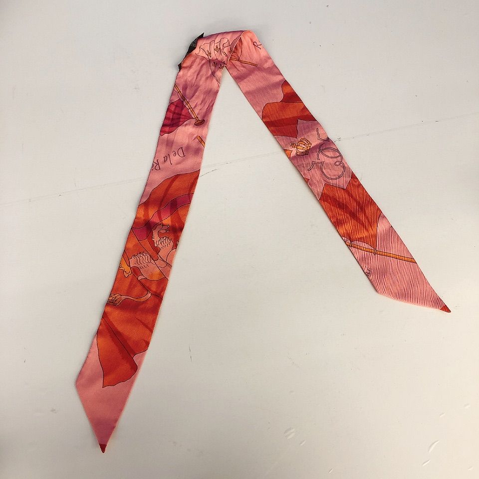 美品☆HERMESエルメス☆シルクスカーフサーモンピンク リボン柄 ほつれ・しわ有】HERMES エルメス ピンク シルク100％ スカーフ