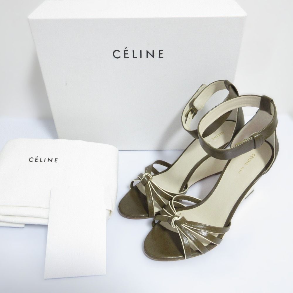 CELINE セリーヌ フィービー期 Knot Wedge 85 アンクルストラップ ウエッジサンダル 35.5 22.5cm相当 カーキ クリーム レディース 古着