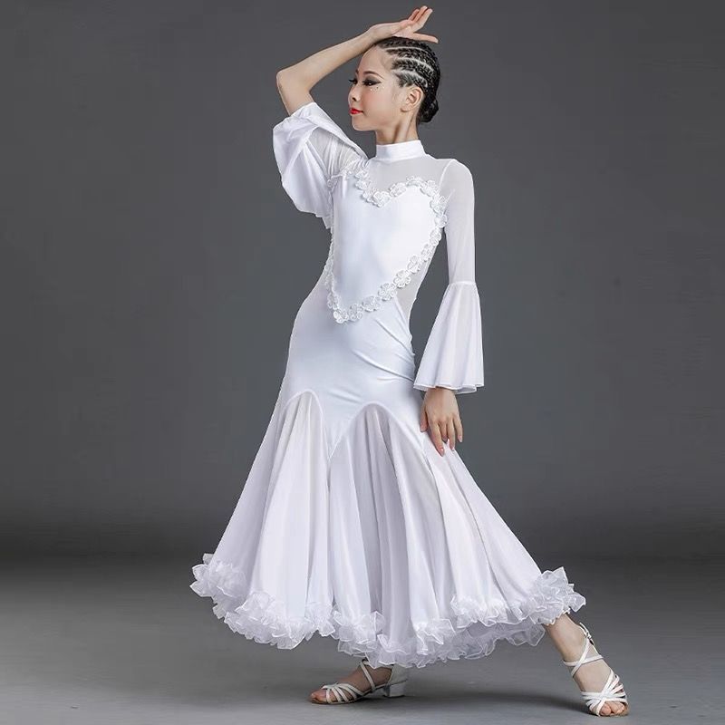 モダン競技ドレス フロアーリングスカート 社交ダンスドレス フロアーリングスカート ホワイト 大人用|子供用