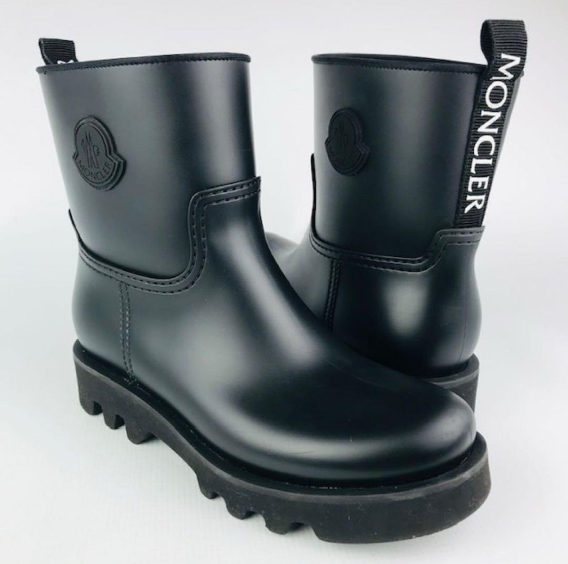 MONCLER モンクレール レディース ラバーアイコンワッペン付き ブランドロゴ グログランパイピング レインショートブーツ 38 イタリア製 ブラック 長靴 ブランド レディース靴