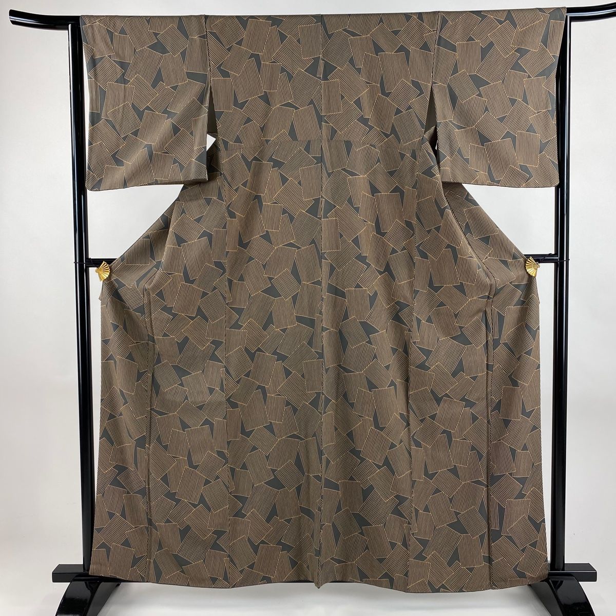 小紋 身丈160.5cm 裄丈65cm M 袷 色紙 縞 灰色 正絹 秀品