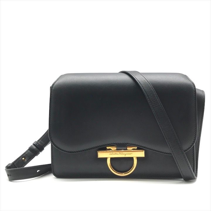 Ferragamo フェラガモ ガンチーニ ジョアン ゴールド 金具 レザー ショルダー バッグ ブラック ブランド カバン 鞄 Bag a10298