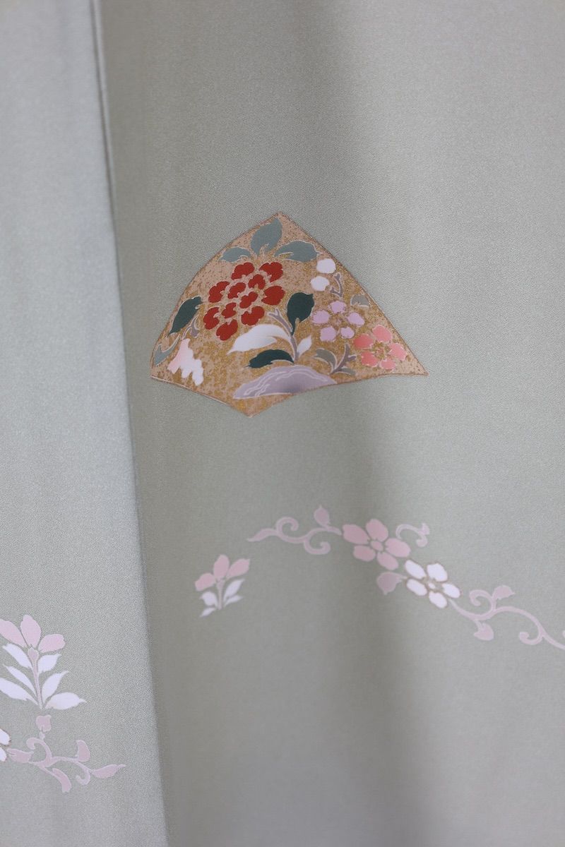 訪問着 若草色 ゴールド 緑 ブルー 桜色 花 京友禅 T513 - メルカリ 