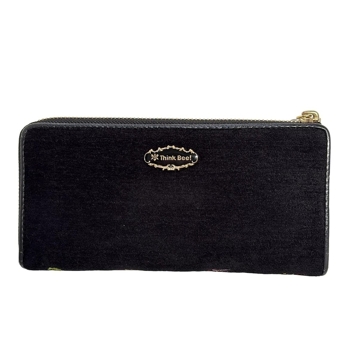 ThinkBee シンクビー 長財布 - 黒×ピンク×マルチ 花柄 ビジュー 刺繍 L字ファスナー レザー