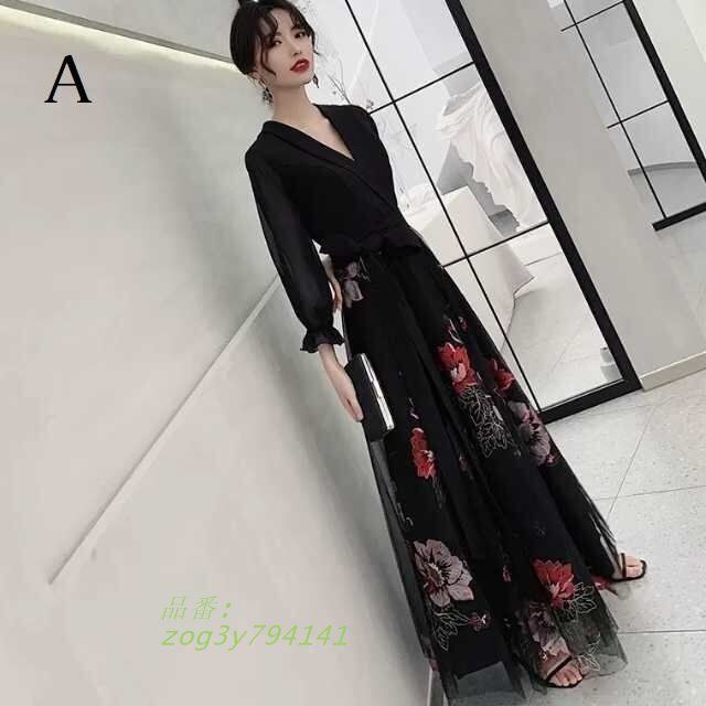 パーティードレス かっこいい 個性的 ロング 黒 袖あり フォーマル 演奏会 透け感 長袖 ロングドレス きれい レース 花柄 大きいサイズ 韓国 zog3y794141