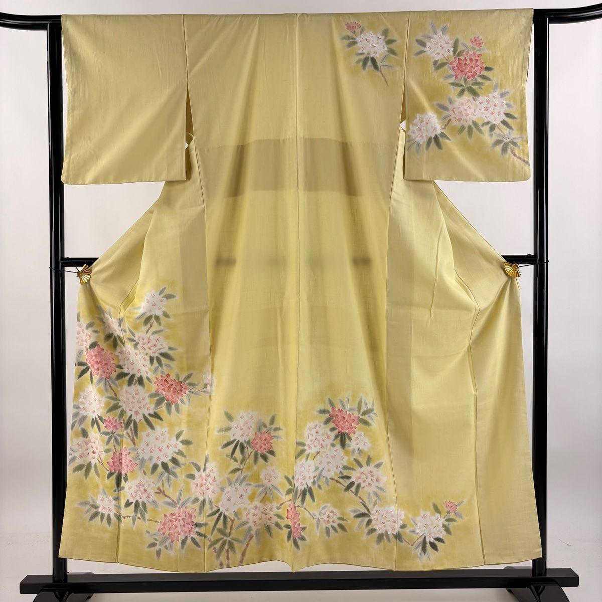 訪問着 身丈155cm 裄丈62.5cm S 袷 紬地 枝花 金彩 黄色 正絹 秀品