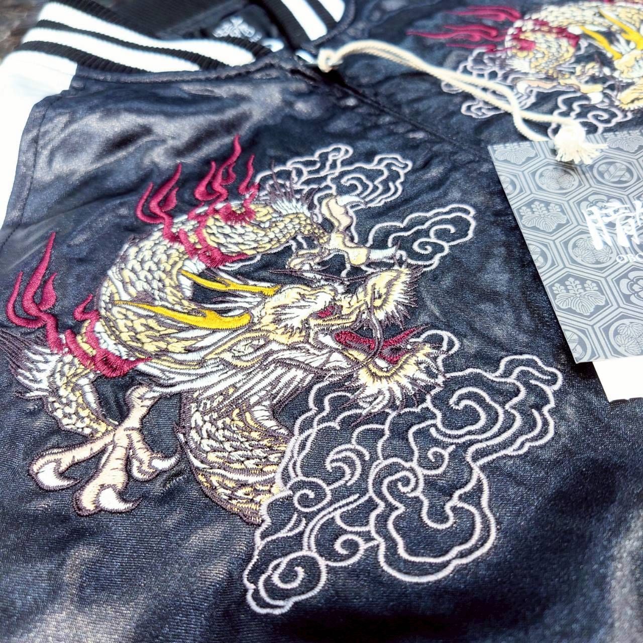 ☆【朧 -OBORO-/双龍 龍 袖龍/スカジャン サテン/総刺繍】長袖